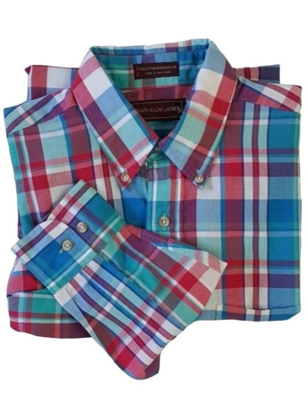 Chaps Ralph Lauren Mens Plaid Button Shirt Red Blue Medium Long Sleeve July 4